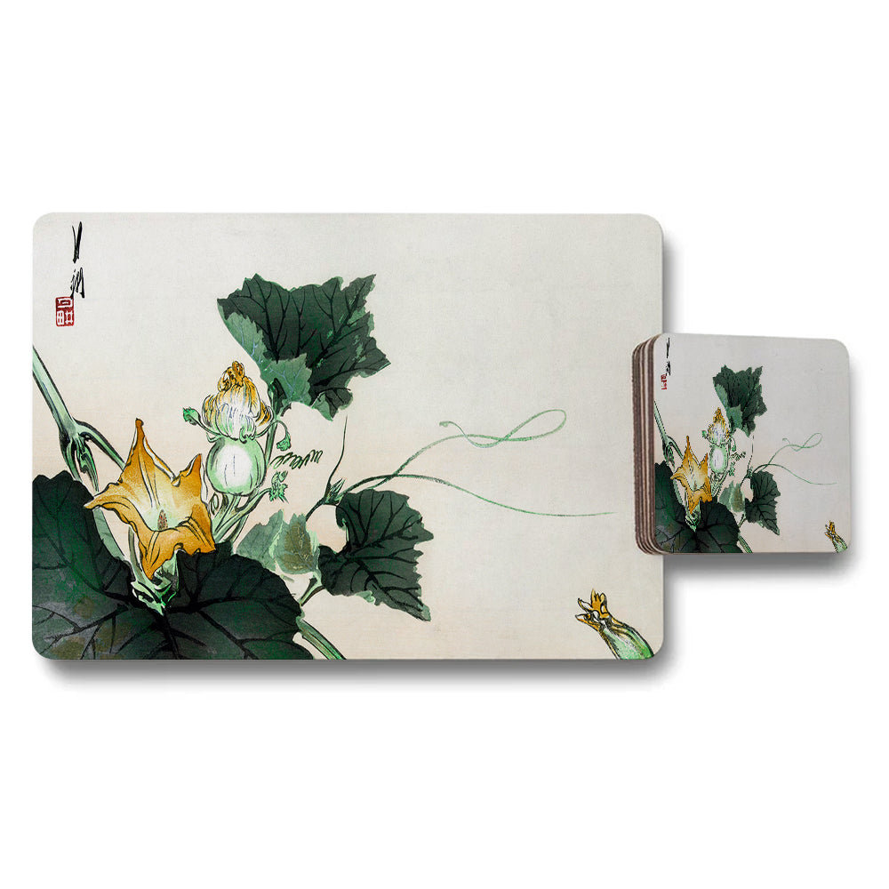 Vintage Botanical Squash Blossom Leaves Placemat And Coaster Set