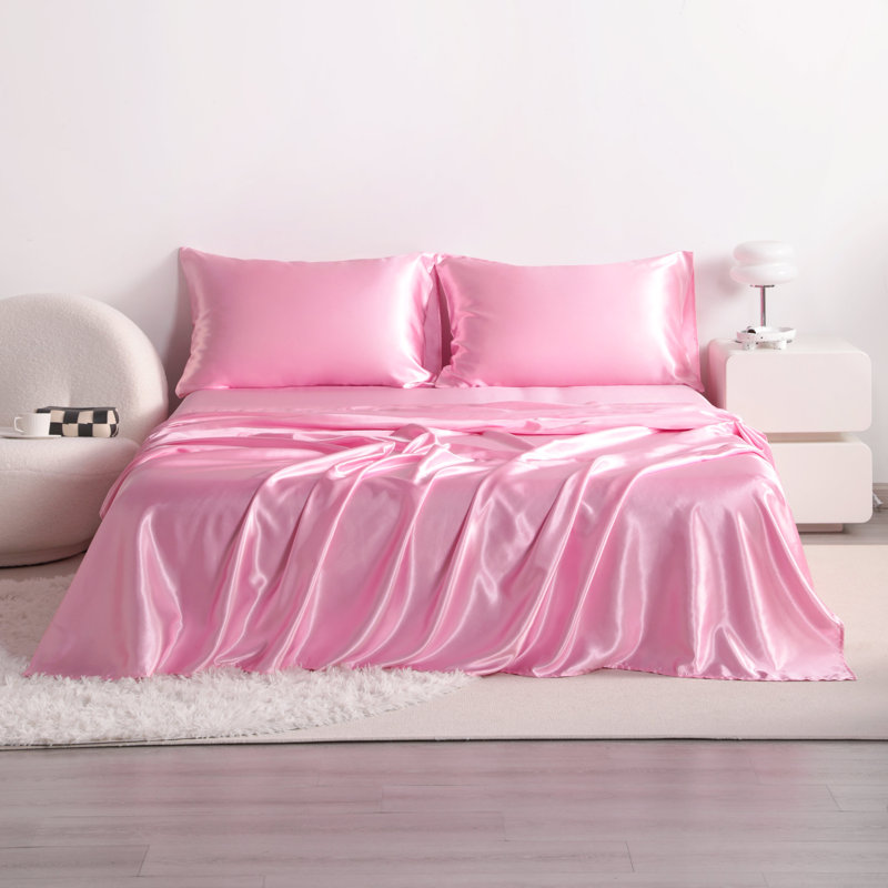 Luxury 4-Piece Satin Sheet Set - Satin Bedding Set, Pink, Queen Bedspread + 4 Additional Pieces