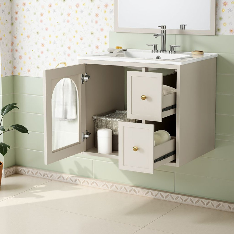 Ensemble de meuble-lavabo mural 24 po avec lavabo en céramique et rangement en verre?, Ivoire