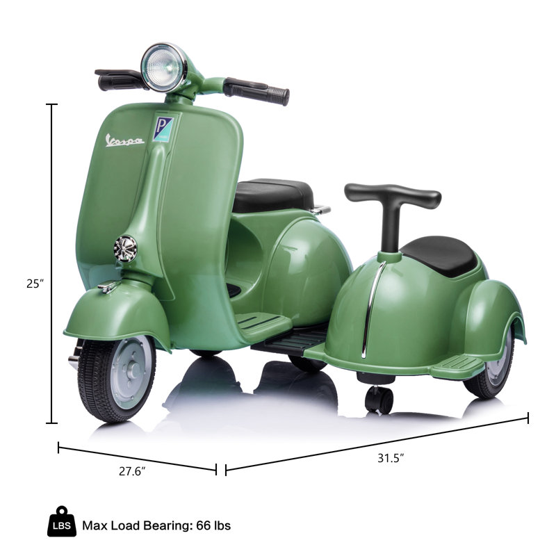 Moto homologuée Vespa à trois roues avec voiture latérale et haut-parleur, lecteur de musique, lumières, Vert