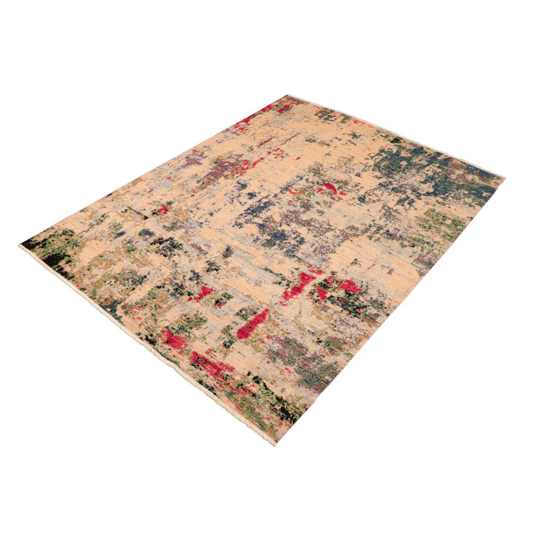 Tapis abstrait rectangulaire vert / orange / rouge en laine noué à la main 8 pi 1 po x 10 pi Mcghee