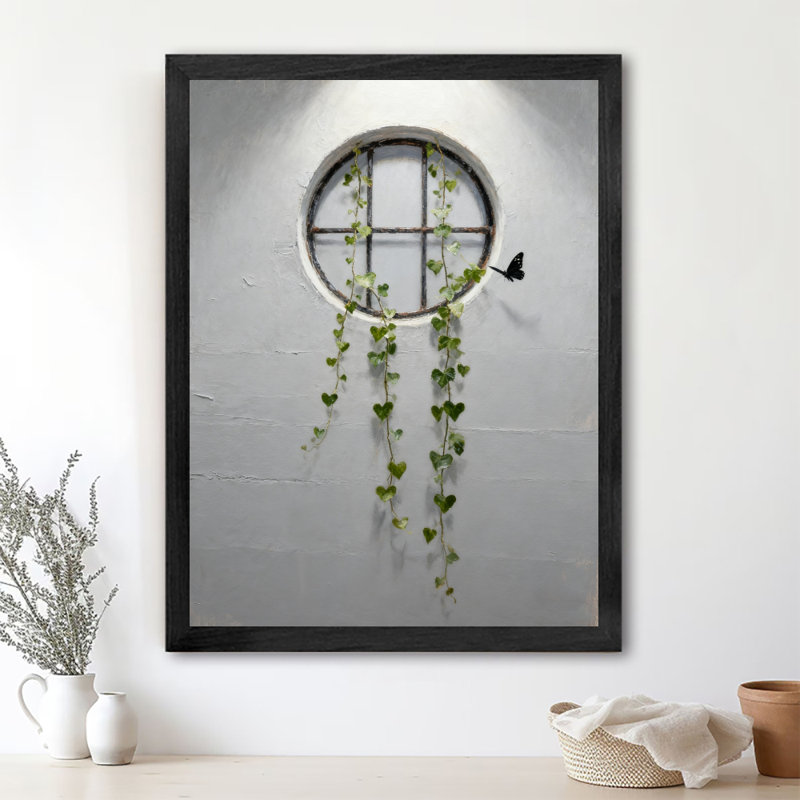 Reproduction d'art encadré noir avec fenêtre verte et feuille verte, H 37 po x l 25 po