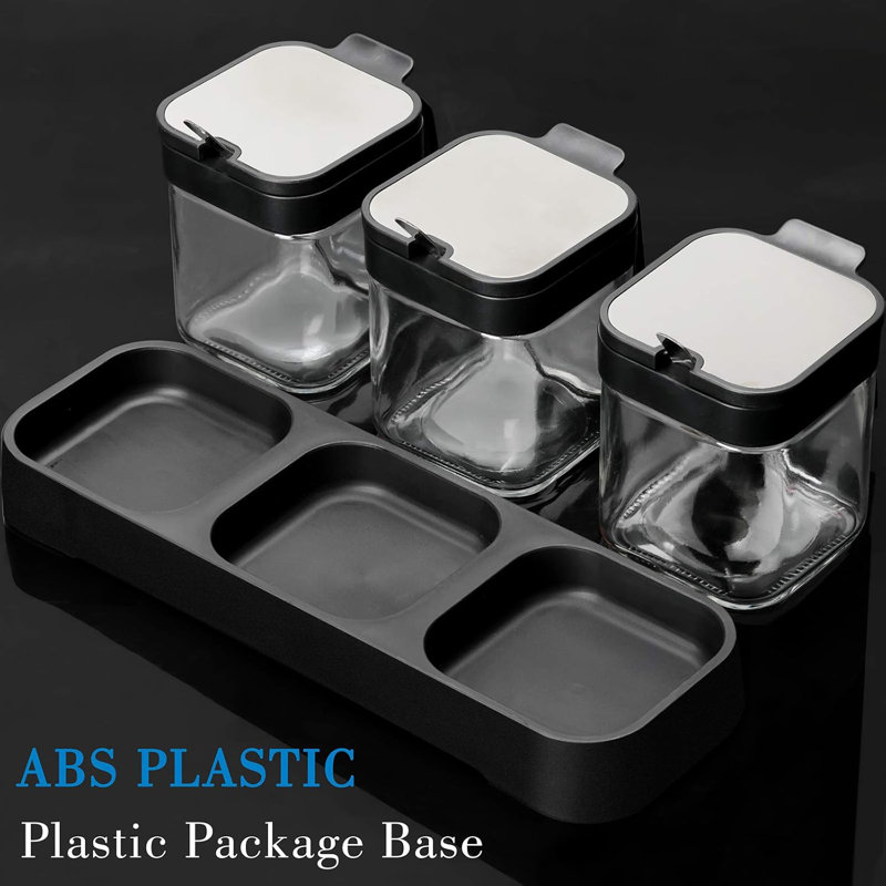 Condiment Jar Spice Container With Lids And Spoons,Clear Glass Condiment Canisters Pots Seasoning Box Salt Container Sugar Bowl Set Of 3 For Kitchen, Counter, Food Storage, Black