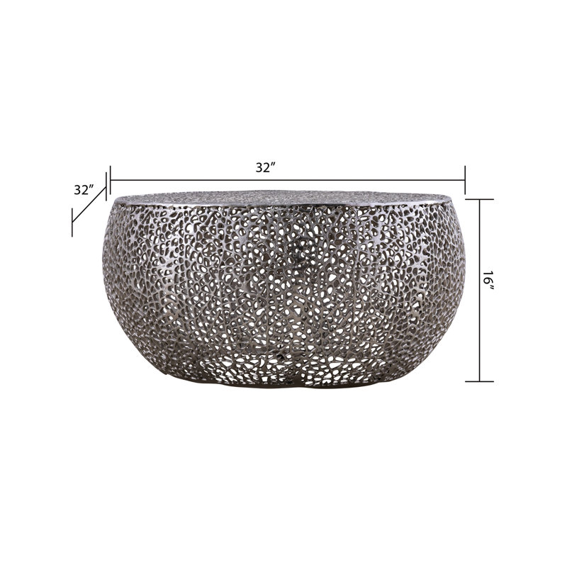 Table basse ronde en aluminium argenté, 32 pouces de largeur et de profondeur, 16 pieds, table de style contemporain argentée, cadre, hauteur en pouces pour les décorations d'intérieur