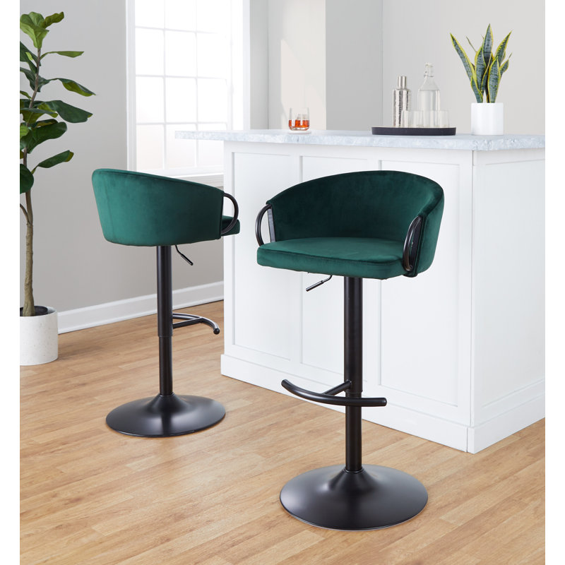 Green Velvet Adjustable Swivel Bar Stools with Metal Frame