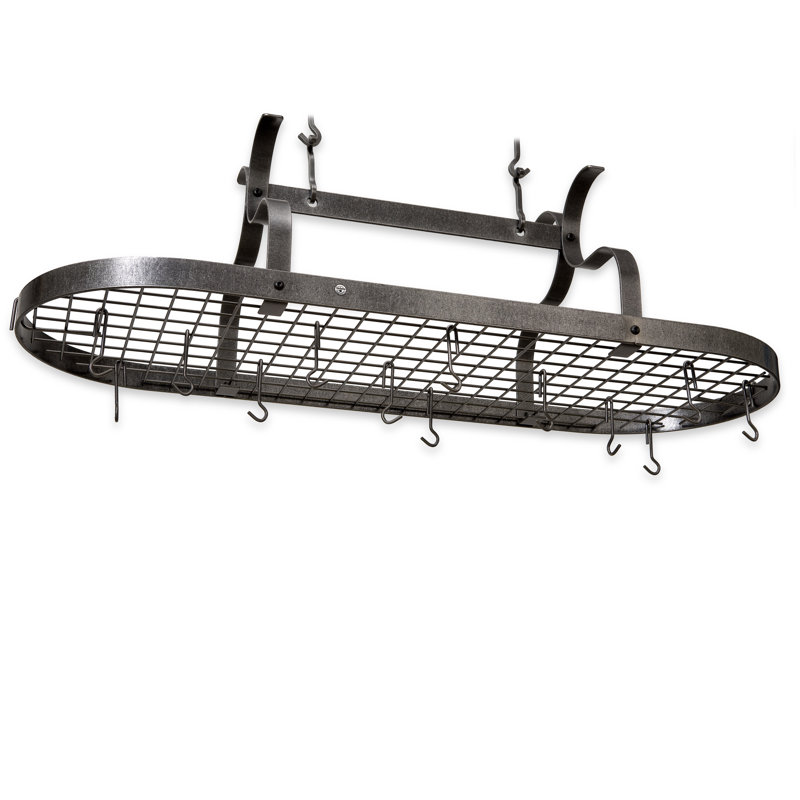 Handcrafted Scroll Arm Oval Ceiling Pot Rack with 24 Hooks, Hammered Steel