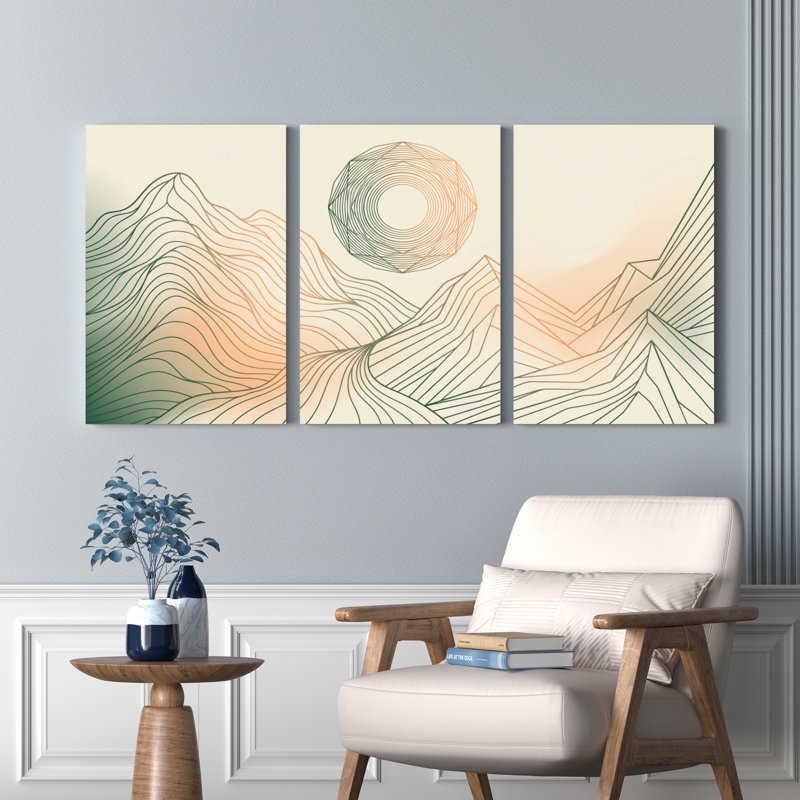 Ensemble de 3 tableaux abstraits de paysages de montagne sur toile tendue, H 18 po x l 36 po