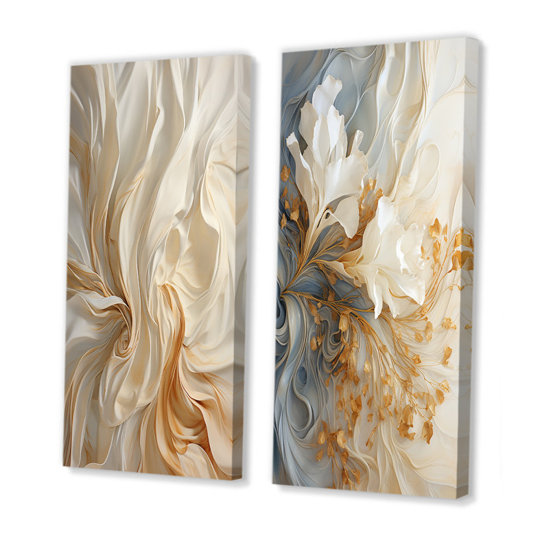Blanc et or champagne Flow IV - ensemble de 2 décorations murales abstraites, H 40 po x l 41 po, Toile tendue