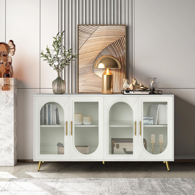 Buffet de salle à manger moderne en bois avec portes en verre, Blanc antique