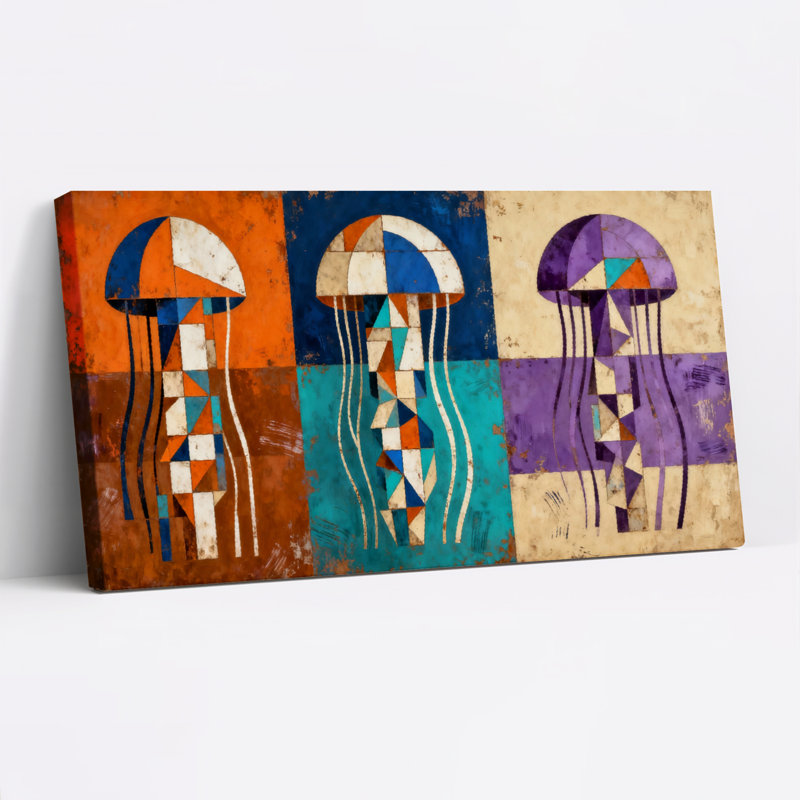 «Geometric Jellyfish», art abstrait sur toile tendue sur toile, ensemble de 1, H 24 po x l 48 po