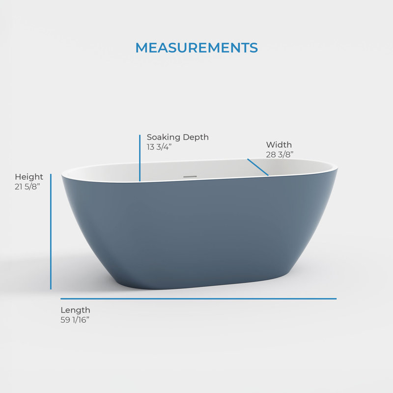 Ayago 59.06" x 28.35" Solid Surface Freestanding Chambray Acrylic Soaking Bathtub, with Overflow and White Pop-up Drain, Blue