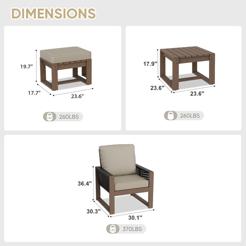 Ensemble de conversation de 5 pièces en bois de cèdre brun avec coussins en oléfine, table basse carrée et repose-pieds