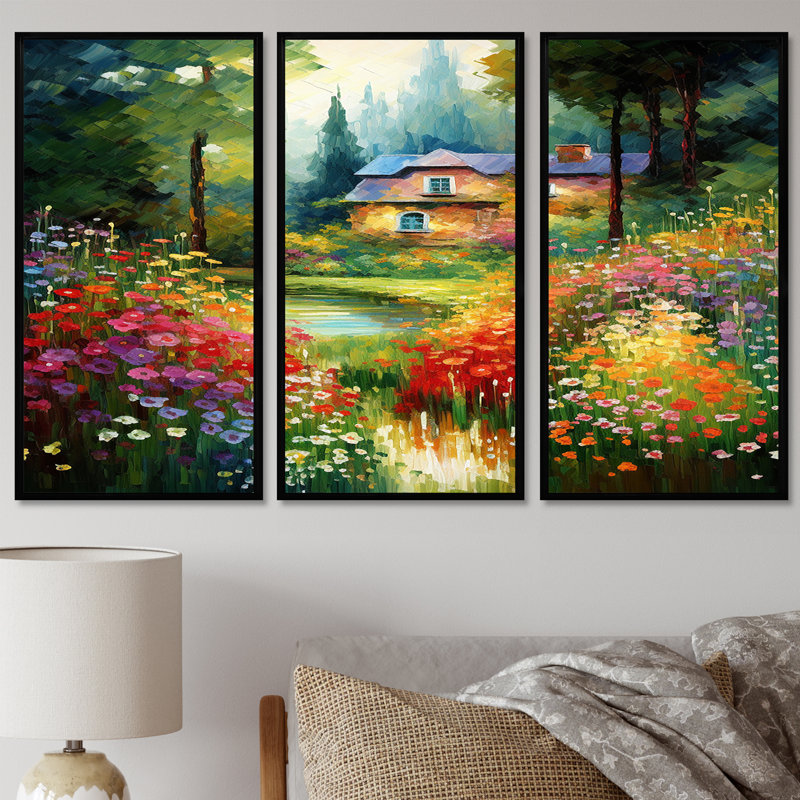 Maison de campagne dans un champ de fleurs lumineuses - ensemble de reproductions d'art mural paysage, Cadre flottant noir