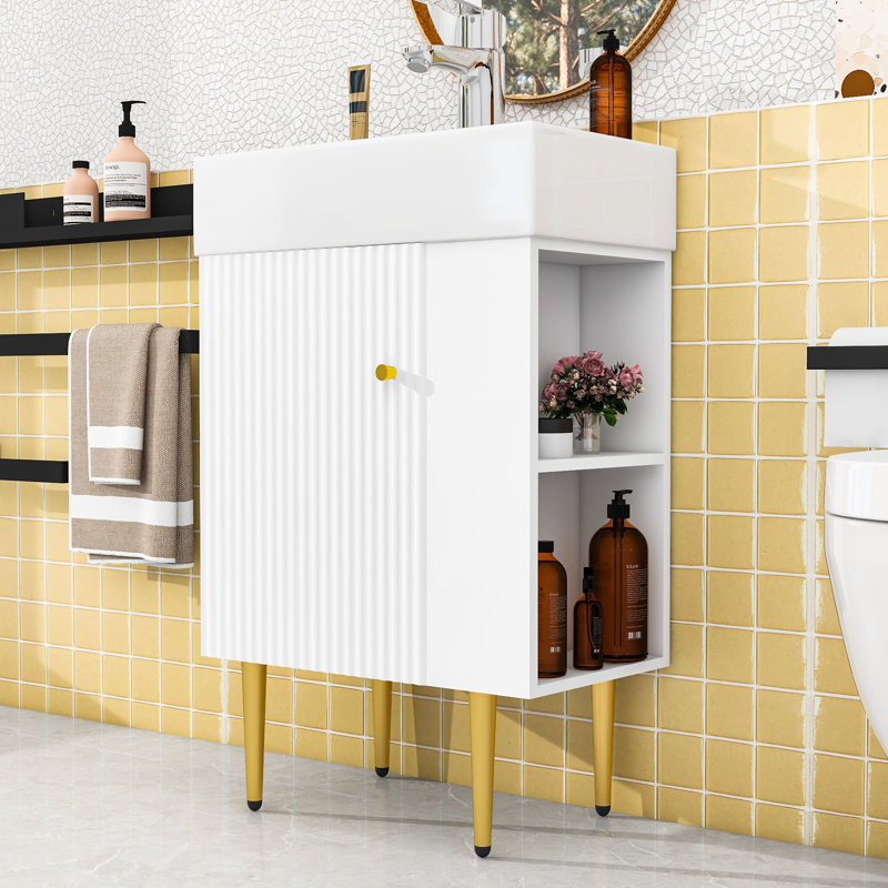 Ensemble de meuble-lavabo simple autoportant Marianne avec lavabo en céramique et rangement à droite, Blanc / Doré