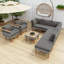 Ensemble de meubles de patio en rotin 9 pièces, ensemble de conversation extérieur avec pieds en bois d'acacia et plateau de table, ensemble de canapé modulaire en rotin PE avec table basse, coussin lavable, gris