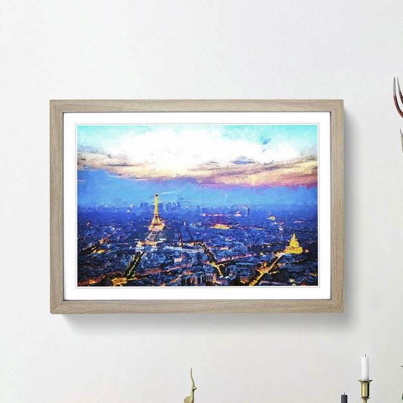 Paris Eiffel Tower Skyline at Dusk - Picture Frame Painting Print, 36cm H x 48cm W x 2cm D, Oak Framed