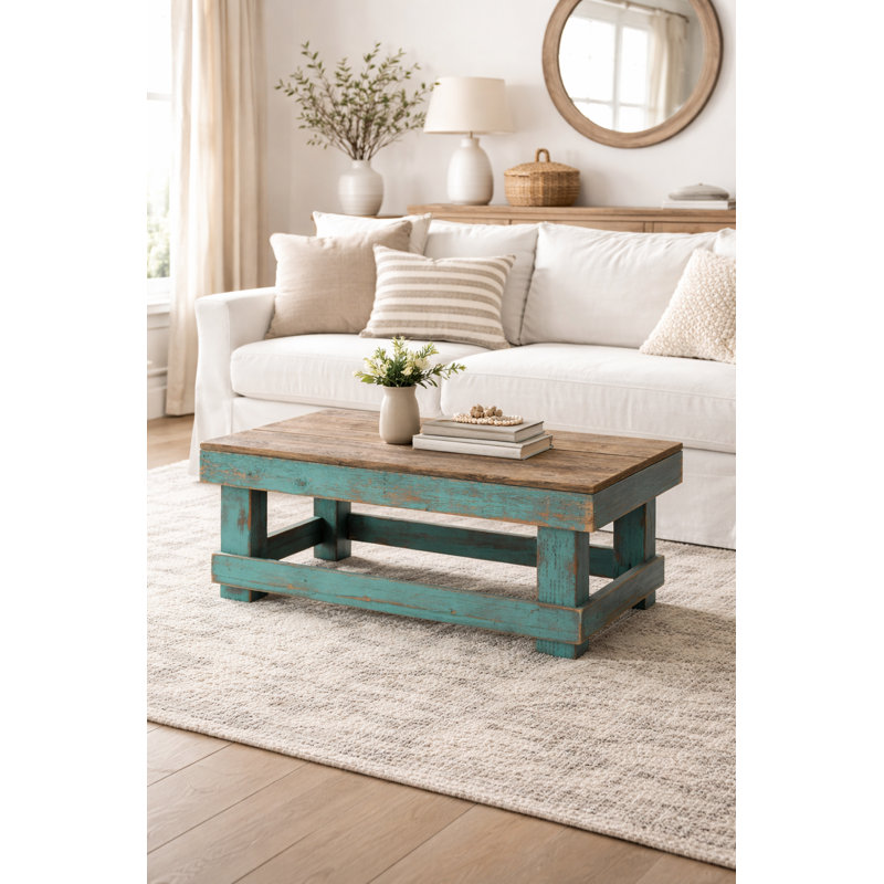 Table basse 40 "en bois récupéré - table de ferme rustique combinée turquoise | Bois massif, fait à la main, entièrement assemblé