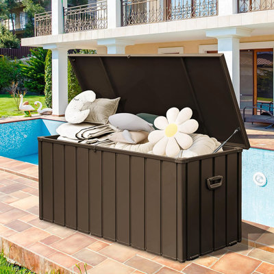 190 Gallon Metal Deck Box, Waterproof Steel Outdoor Box, Large Patio Furniture Storage Cabinet, Lockable Storage Bench For Porch Package Delivery, Pillows, Cushions, Pool, Tools, Backyard, Brown
