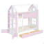 Lit superposé deux places avec tiroirs et étagères de rangement, lit superposé moderne en bois bicolore avec bande lumineuse, meuble de chambre gain de place, blanc et rose-648788342