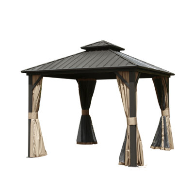 Brown Gazebo With Curtain, 8' X 8', Aluminum Metal - Enhance Your Outdoor Entertainment Area & Galvanized Steel, Double Roof, Netting, For Backyard