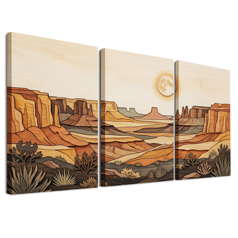Ensemble de 3 toiles murales représentant un paysage de canyon désertique en bois superposé avec la lune, 18"H x 12"W x 3pcs
