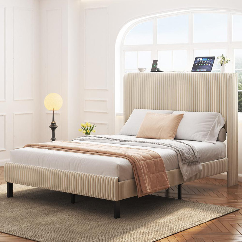 Full Size Platform Bed , Metal Bed Frame With Charging Station, No Box Spring Needed, (Beige), Noise Free,Easy Assemble.