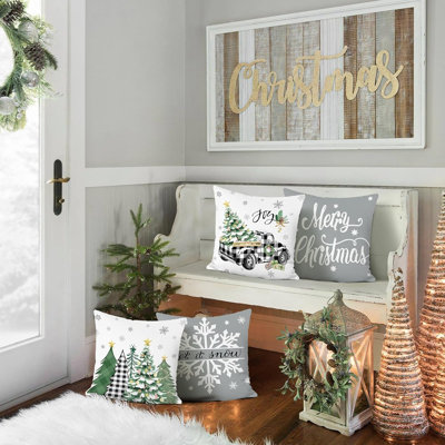 Housses de coussin de Noël - gris - 18 po x 18 po, arbre de Noël, flocon de neige et camion, velours doux, ensemble de 4, décorations d'hiver