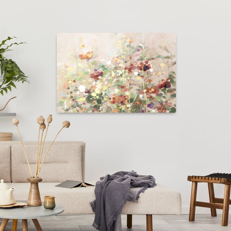 Art mural peint fleur sauvage pré coloré abstrait, H 24 po x l 36 po