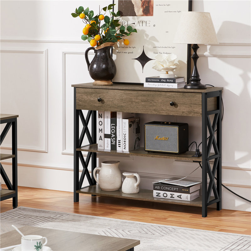 Taupe Wood and Black Metal Console Table with Storage and USB Ports