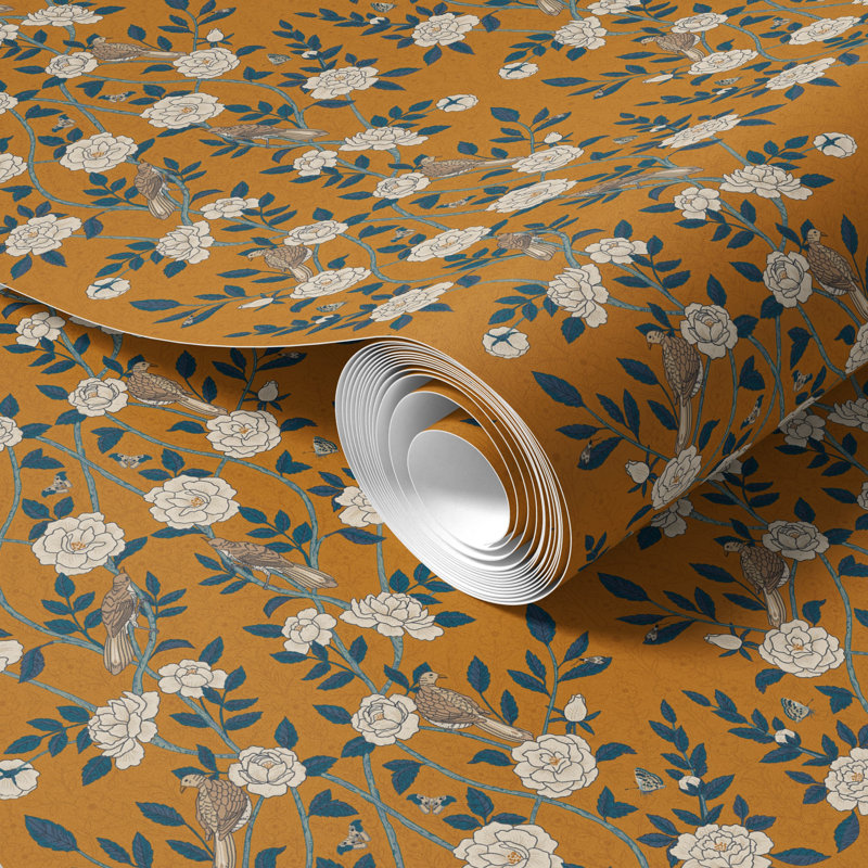 Papier peint doré à motif floral, H 125 po x l 25 po, vinyle autocollant, H 125 po, Vinyle peler et coller