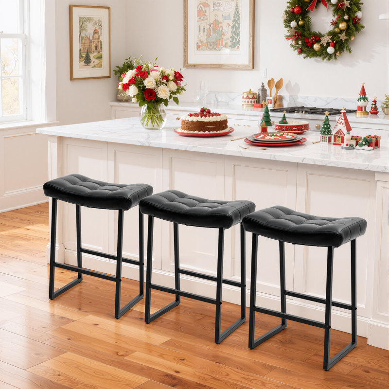 24" Modern Backless Saddle Counter Height Bar Stools With Metal Frame for Kitchen Island, Black Seat/Black Frame
