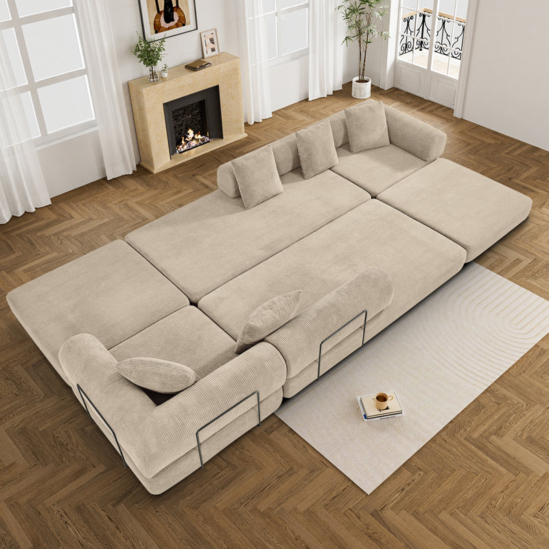 Boneless Convertible Sectional Sleeper Sofa Bed Modular Compression Couch With Removable Back And Arm, Camel Corduroy