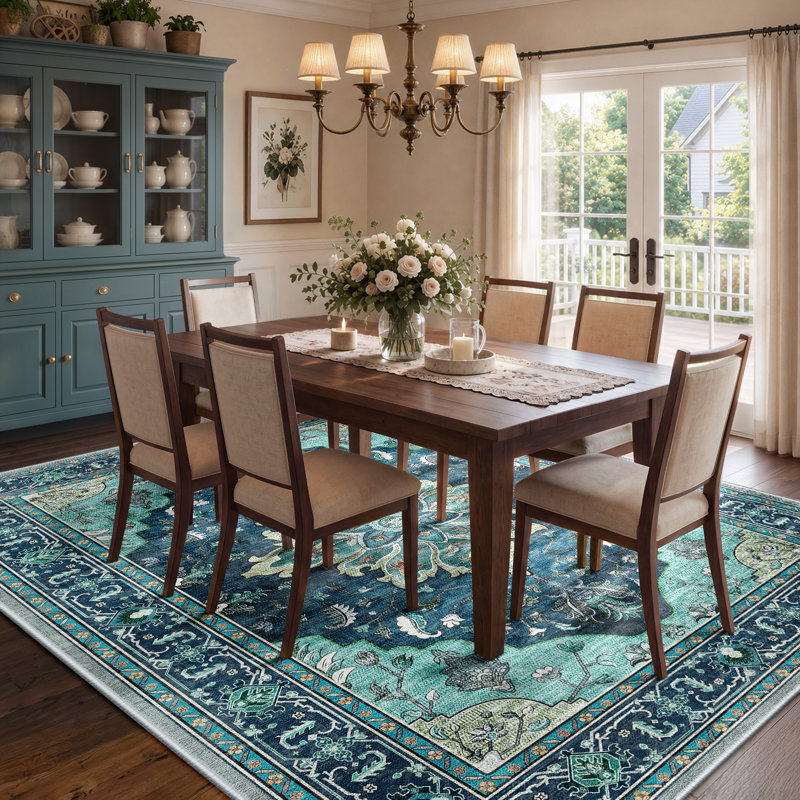 Sunflower Vintage Medallion Print Area Rug Non-Slip Machine Washable Low Pile for Living Room Bedroom, Teal