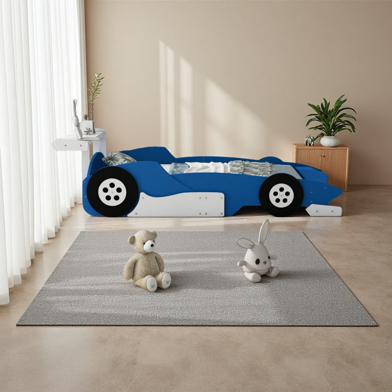 Twin Size Race Car-Shaped Platform Bed With Wheels,, Blue
