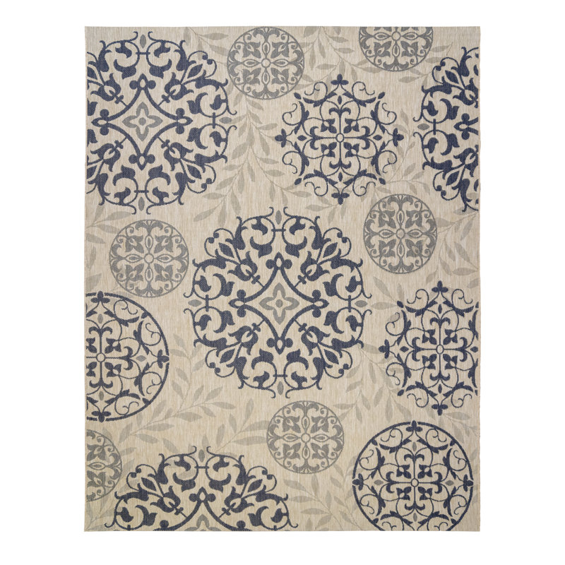 Solterra Sovana Grain Transitional Tile Medallion Flatweave Polypropylene Indoor/ Outdoor Area Rug, Rectangle 8'9" x 13'1"