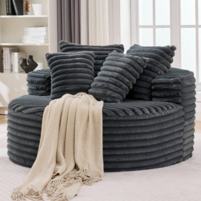 54.3" Gray Corduroy Round Chaise Lounge, No Assembly, Deep Seat Cloud Design