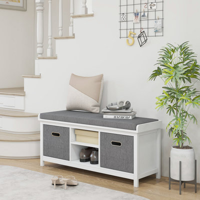 Shoe Bench With Cushion, Storage Bench For Entryway With Padded Seat, 2 Drawers And Adjustable Shelf