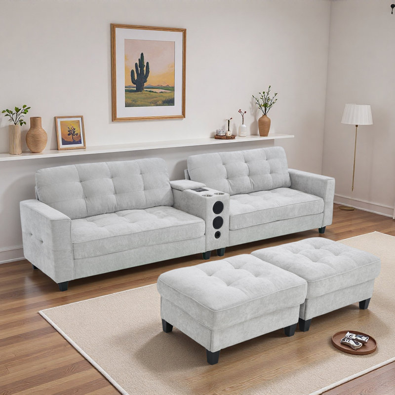 Modern U-shaped Sectional With Movable Storage Ottomans, Multifunctional Console, Bluetooth Speakers And Led Lights