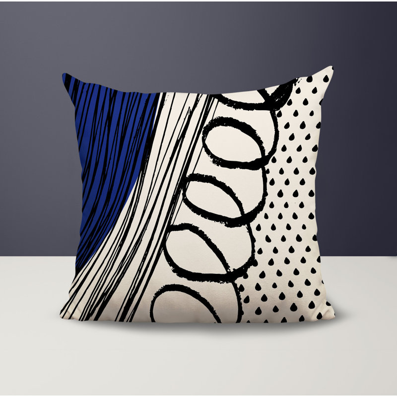 Oreiller carré réversible intérieur / extérieur Toba, H 19 po x l 19 po, Bleu marine / noir / blanc cassé abstrait