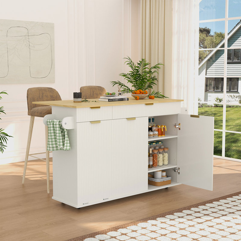 Îlot de cuisine roulant avec abattant, étagère réglable à porte coulissante, armoire à poubelle, deux tiroirs, support à épices, porte-serviettes et 5 roulettes pivotantes