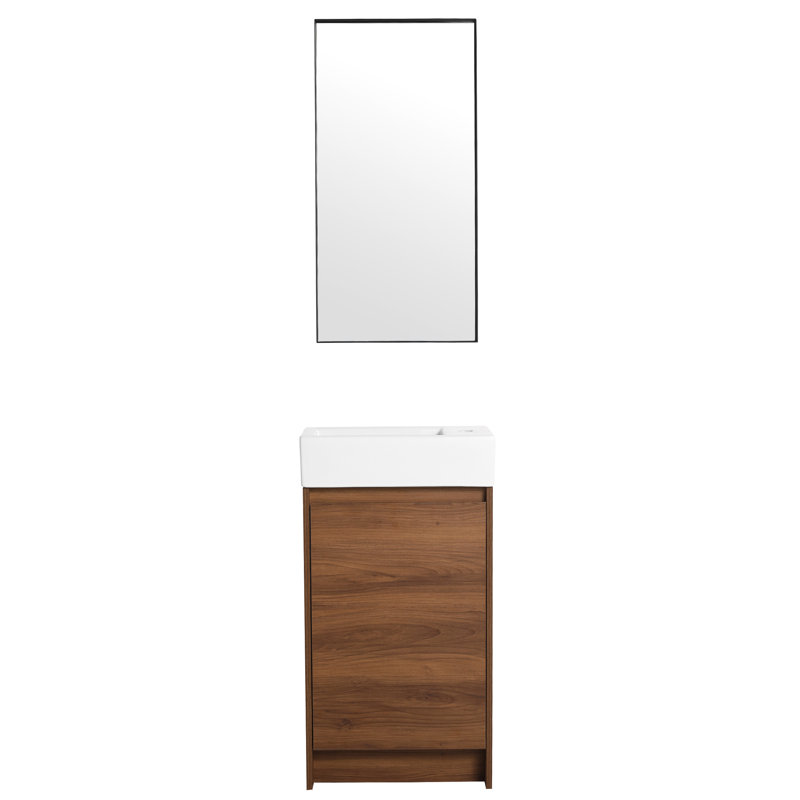 Meuble-lavabo autoportant de 18 pouces avec lavabo simple. Armoire à portes à fermeture douce. Lavabo en céramique. Assemblage sans couture de l'armoire de 18 po en contreplaqué brun ébène pour les petites salles de bain.