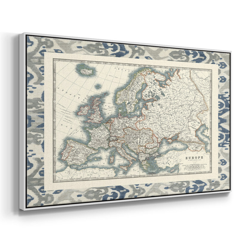 Bordé carte de l'Europe, peinture sur toile encadrée, H 27 po x l 41 po x P 2 po, Cadre blanc