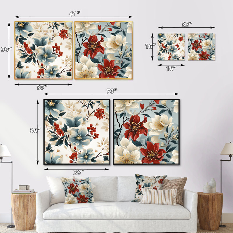 Ordaz - ensemble de 2 collages carrés floraux, Cadre flottant noir, H 30 po x l 61 po