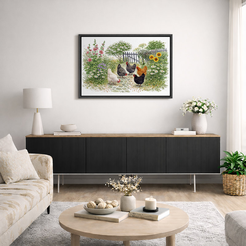«Hens in Garden», art de la ferme, impression sur toile encadrée, H 16 po x l 24 po x P 1,5 po, Cadre noir