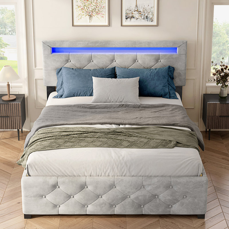 Base de lit tapissier avec rangement à 4 tiroirs et éclairage DEL, Grand lit