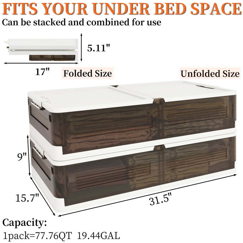  Plastic Under Bed Storage Drawers With Wheels-long Underbed Storage Plastic Bins With Lids,9in H Large Plastic Under Bed Storage Containers Rolling, 13.5gal Storage Bins For Clothes(foldable)