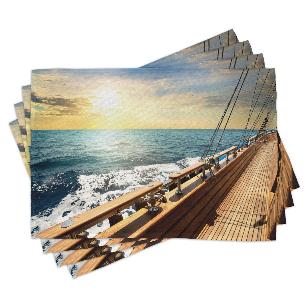 Platzdeckchen 4er Set, Segelboot Sonnenuntergang Meer, Creme und Blau