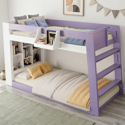 Twin Over Twin XL Floor Bunk Bed with Shelves, Basket, Kids Low Profile Bed Frame with Ladder, Guardrails and Easy Assembly, White & Purple