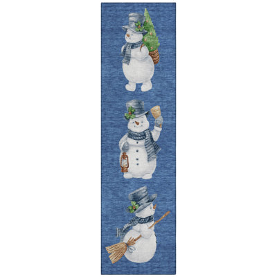 Machine Washable Indoor/Outdoor Christmas Snowman Xhevrie Navy Rug