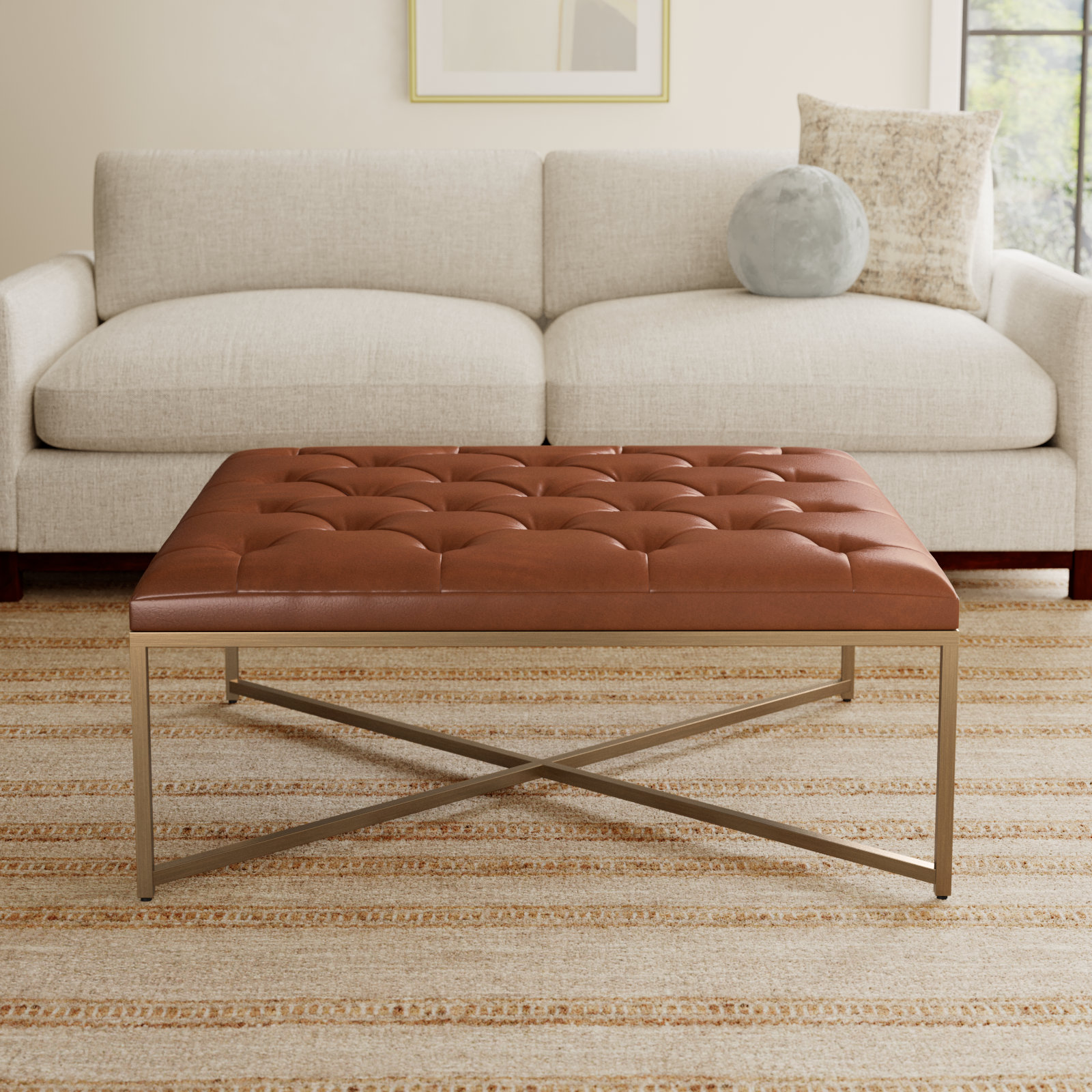 Osa 40" Genuine Leather Ottoman, Marseille Camel Top Grain Genuine Leather